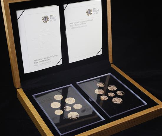 A Royal Mint 2008 UK Coinage Royal Shield of Arms gold proof collection fourteen coin set,